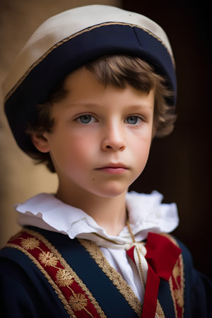 Portrait of a boy in a costume of the sailor. Selective focus.の素材