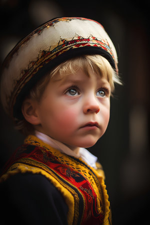 Portrait of a little boy in a Russian national costume. Selective focus.の素材