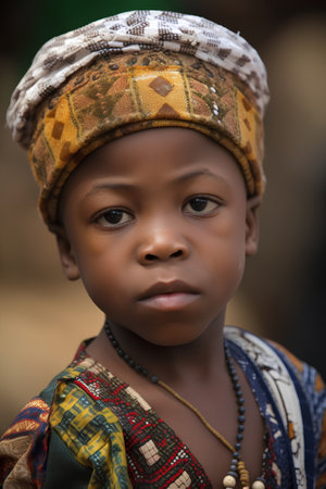 Unidentified Togolese little girl in traditional clothes at the Lome fetish market. Togo people suffer of poverty due to the bad economyの素材