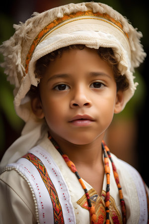 Portrait of a little boy wearing a straw hat and a traditional costumeの素材