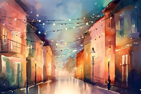 Street in the old town of Riga, Latvia. Watercolor paintingの素材