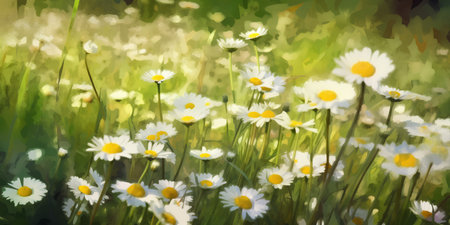 Summer meadow with daisies and grass. Digital painting.の素材