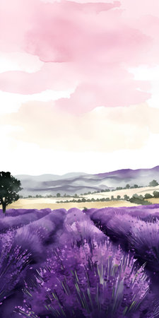 Lavender field at sunset. Watercolor painting. Vector illustration.の素材