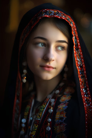 Portrait of a beautiful young girl in a headscarf.の素材