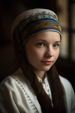 Portrait of a beautiful little girl in a headscarf.の素材