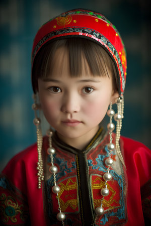Portrait of a little girl in a red ethnic costume. Vintage style.の素材
