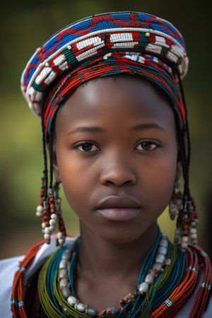 Portrait of a young African woman in traditional clothes in the countryside.の素材