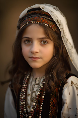 Portrait of a beautiful little girl in ethnic clothes. Boho style.の素材
