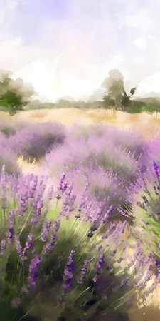 Watercolor lavender field. Hand drawn illustration for your design.の素材