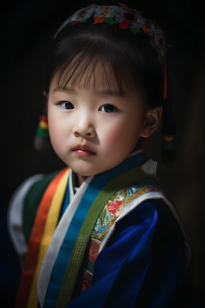 Korean little girl in traditional costume on dark background, vintage toneの素材