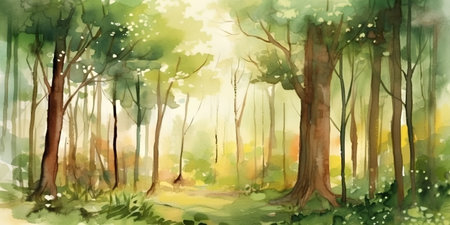 Illustration of the forest with trees and grass in a watercolor styleの素材