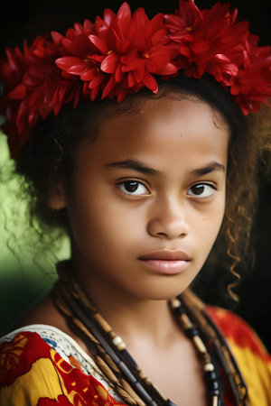 Portrait of a beautiful african american girl with red flowersの素材