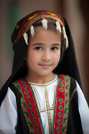 Portrait of a beautiful little girl in a national costume. Selective focus.の素材