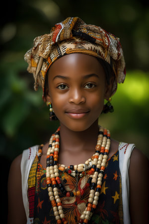 Portrait of a beautiful young African woman in traditional clothes and headscarf.の素材