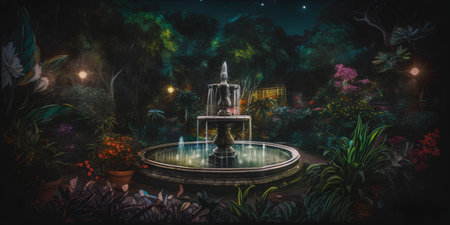 Fountain in the garden at night, 3d rendering. Computer digital drawing.の素材