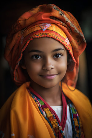 Portrait of a beautiful Indian little girl wearing a headscarfの素材