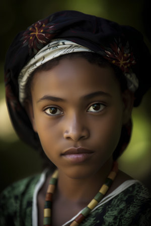 Portrait of a beautiful African girl in traditional clothes, close-upの素材
