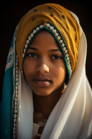 Portrait of a beautiful young African woman in a headscarf.の素材