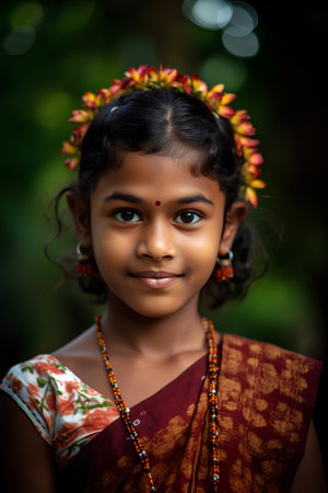 Portrait of a beautiful Indian girl in traditional dress and floral headband.の素材