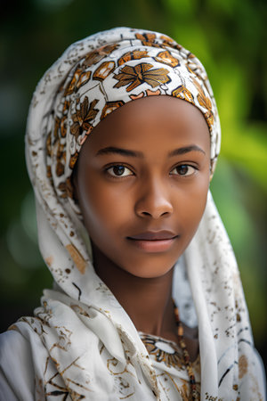 Close-up portrait of a beautiful young African woman in a headscarf.の素材