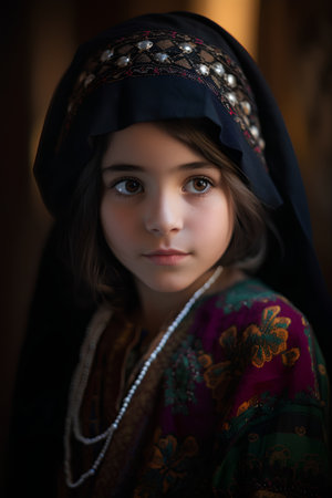 Portrait of a beautiful little girl in a turban and ethnic clothesの素材