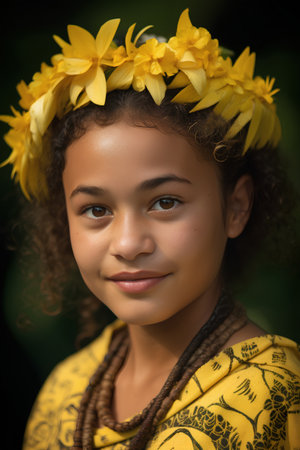 Portrait of a beautiful young african american girl with yellow flowers in her hairの素材