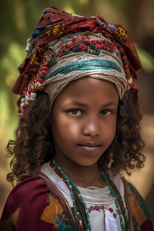 Portrait of a beautiful African girl in a traditional dress and hat.の素材