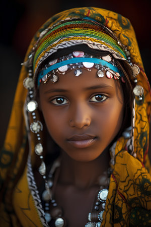 Portrait of a beautiful young African woman with traditional headdress.の素材