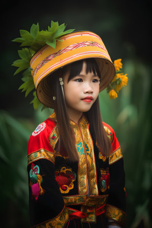 Portrait of a beautiful little asian girl wearing traditional costume.の素材