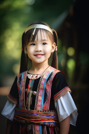 Beautiful asian little girl in traditional costume in the park.の素材