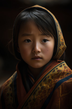 Portrait of a beautiful little girl with a scarf in a villageの素材