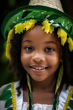 Portrait of a young African American girl in a hat with yellow flowers.の素材
