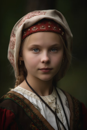 Portrait of a beautiful girl in a Slavic folk costume.の素材