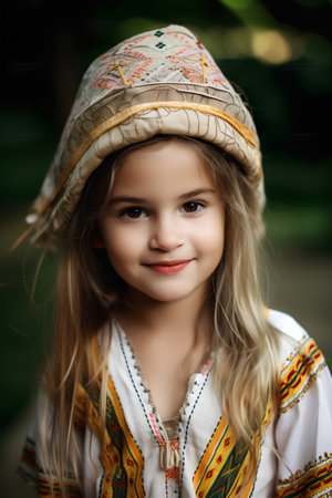 Portrait of a beautiful little girl in national clothes. Ukraine.の素材