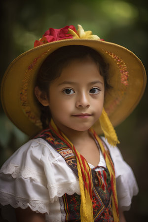 Portrait of a little girl in a traditional dress and hat.の素材