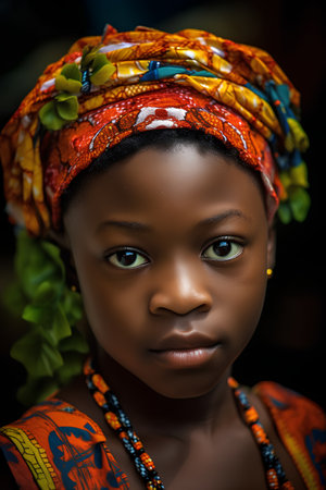 Portrait of a beautiful young African woman wearing a colorful headscarf.の素材