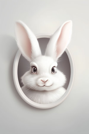 Cute white rabbit in a round frame. Vector illustration on a gray background.の素材