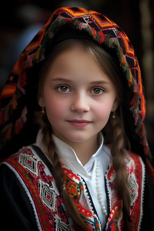 Portrait of a beautiful little girl in Ukrainian national costume. Selective focus.の素材
