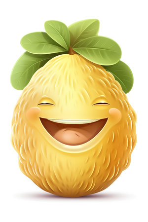 Lemon character with smiley face and green leaves. Vector illustration.の素材