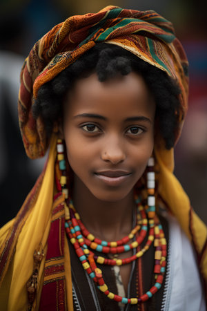 Portrait of a beautiful african woman in traditional clothes at the marketの素材