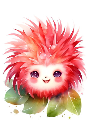 Watercolor illustration of a cute hedgehog with red hair and green leavesの素材