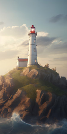 Lighthouse on the island in the sea at sunset. 3d renderの素材
