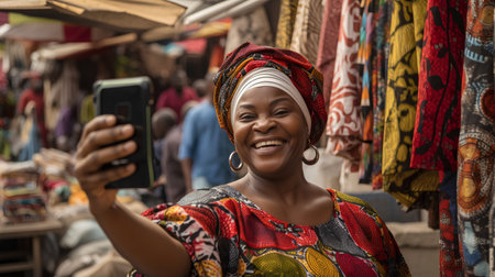 Portrait of happy african woman taking selfie photo with mobile phone at the marketの素材