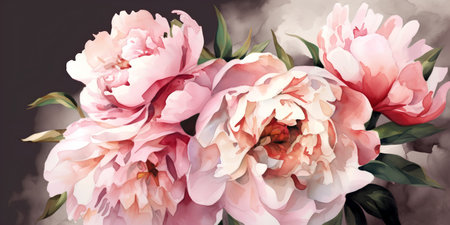 Bouquet of pink peonies on a dark background. Watercolor illustrationの素材