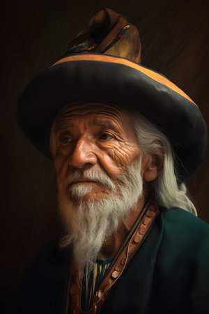 Old man with a long white beard in a cowboy hat on a dark backgroundの素材