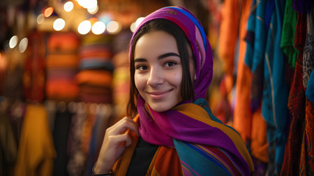 Portrait of a beautiful girl in a colorful headscarf in the street.の素材