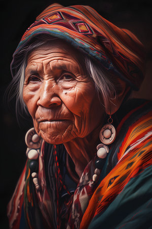 Portrait of an old woman in traditional clothes on a black background.の素材
