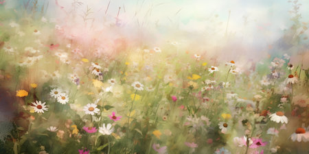 Summer meadow with wildflowers and butterflies. Digital painting.の素材