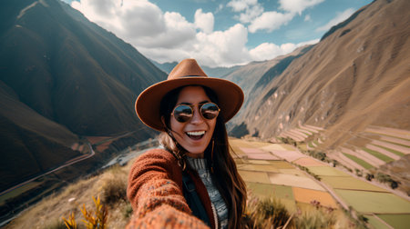 Tourist woman taking selfie on the way to Machu Picchu, Peruの素材