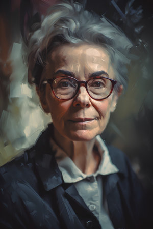 Portrait of an old woman with glasses. Photo in old color image style.の素材